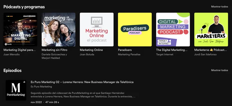 Imagen del programa Spotify mostrando distintos pódcast de marketing.